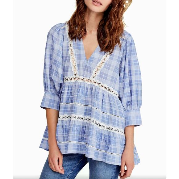 Free People Time Out Plaid Lace BOHO  Tunic Top Blue White Women's Size Small - Picture 1 of 13